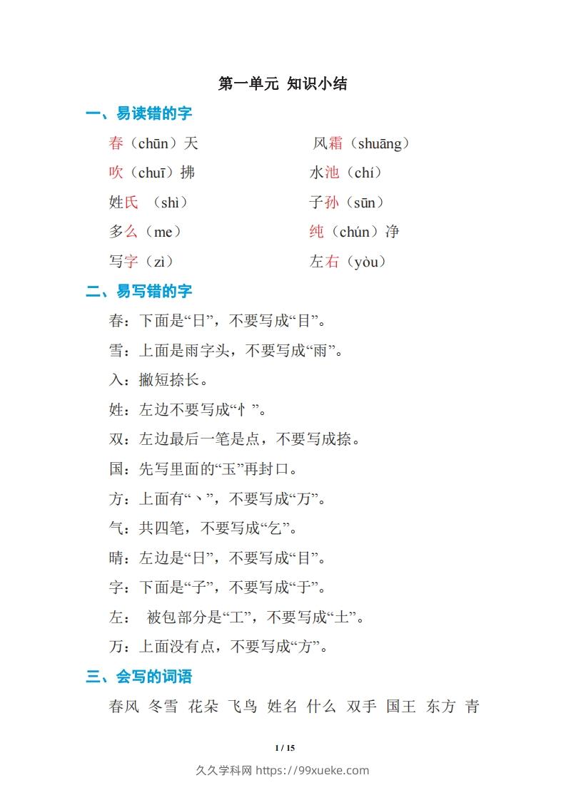 语文一年级下册期中复习知识要点-久久学科网
