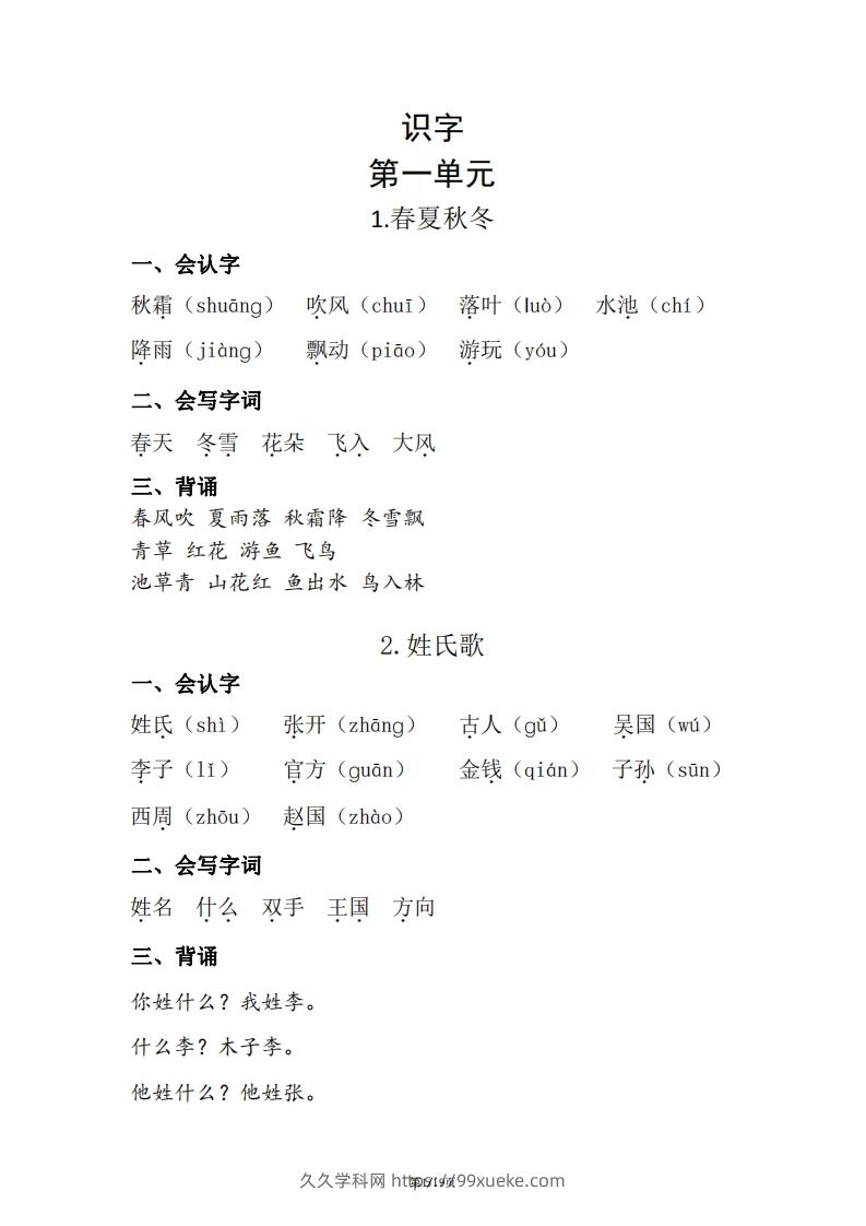 一年级（下册）知识清单-久久学科网
