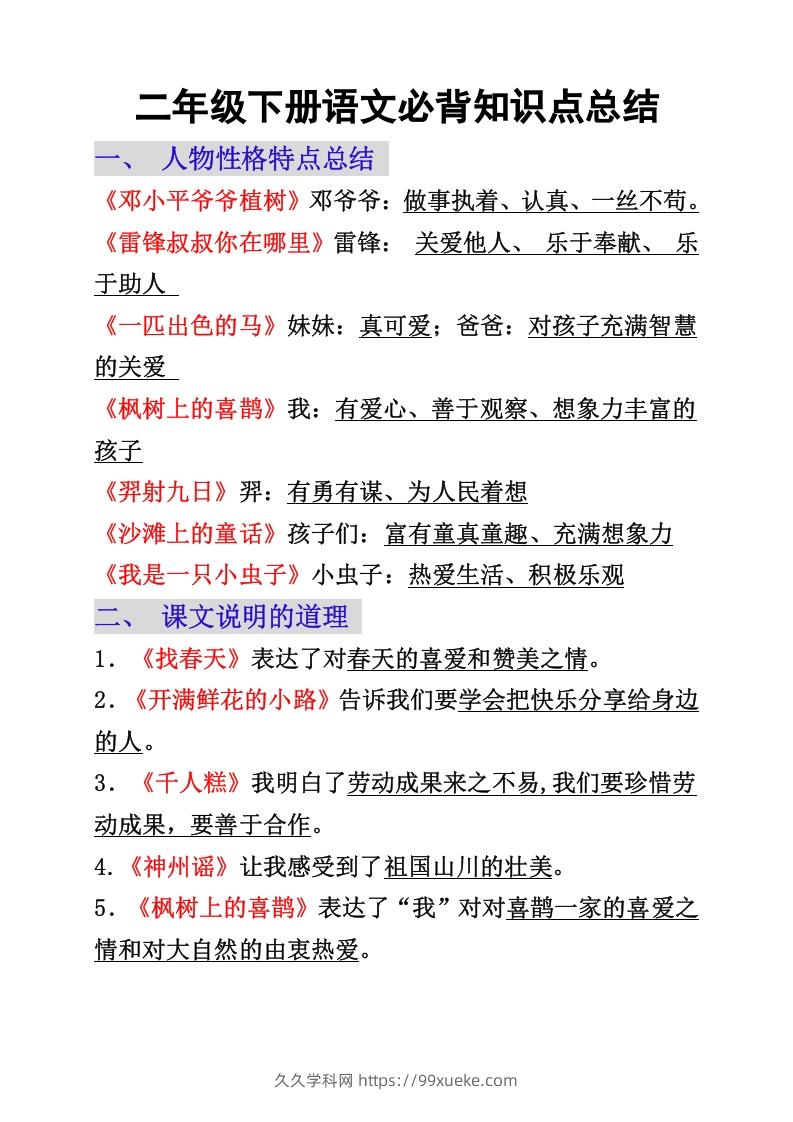二年级下册语文必背重点知识点-久久学科网