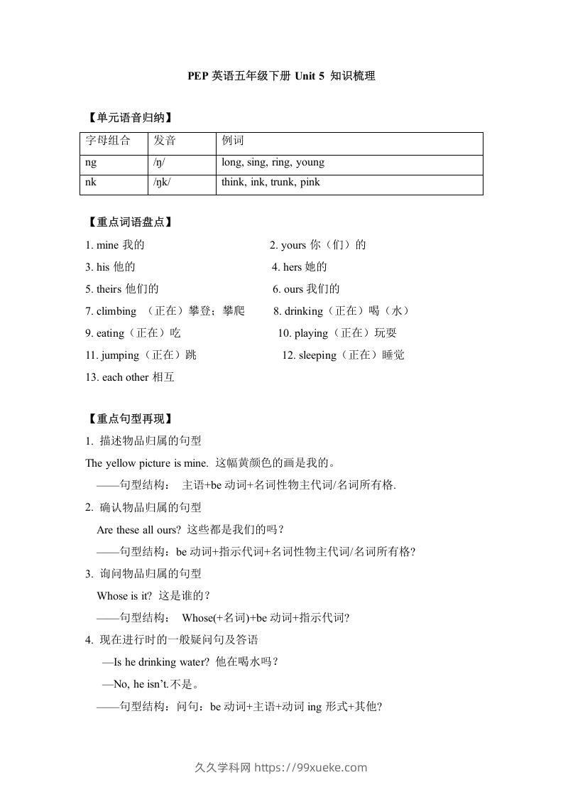 五年级英语下册单元知识梳理-Unit5Whosedogisit（人教PEP版）-久久学科网