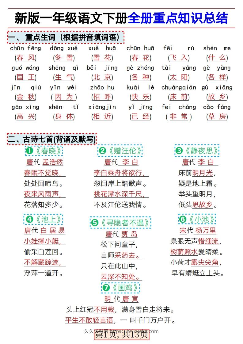 ★3.9新版一年级语文下册全册重点知识总结-久久学科网