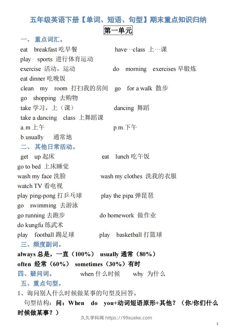 五年级英语下册素材-单词、短语、句型期末重点知识归纳（人教PEP版）-久久学科网