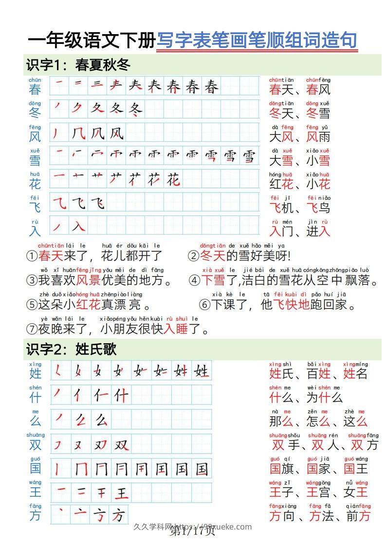 1.19一年级语文下册写字表笔画笔顺组词造句-久久学科网