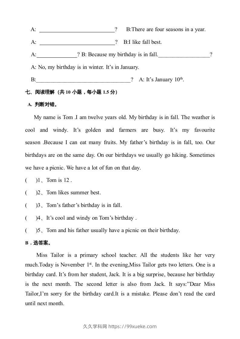 图片[3]-五年级英语下册期末测试卷3（人教PEP版）-久久学科网