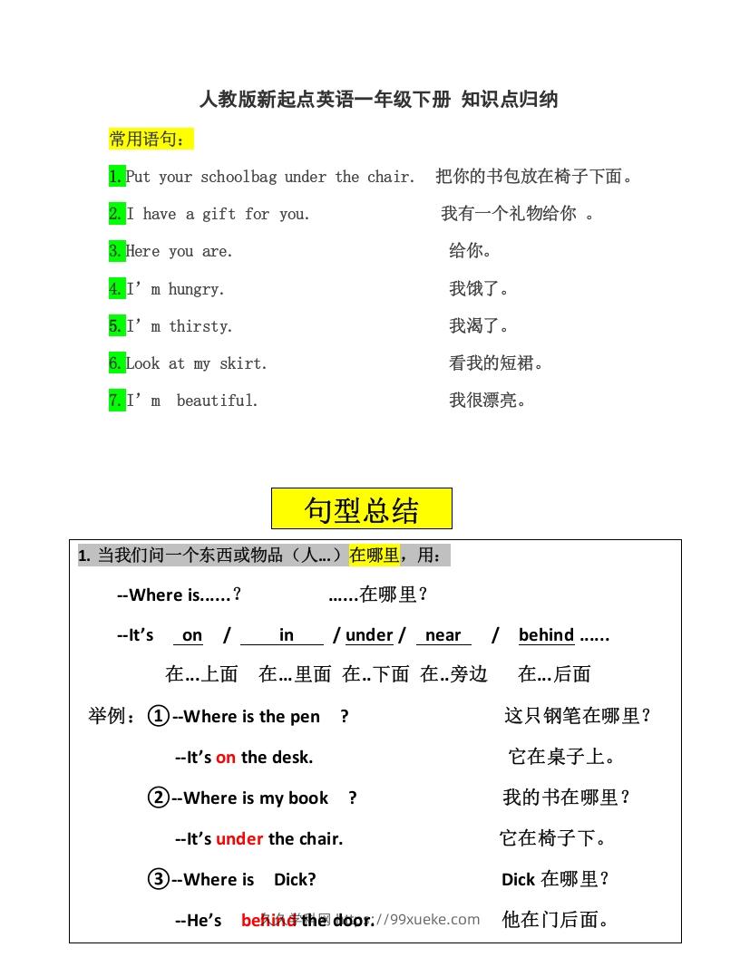 一年级英语下册一起点知识点汇总-久久学科网