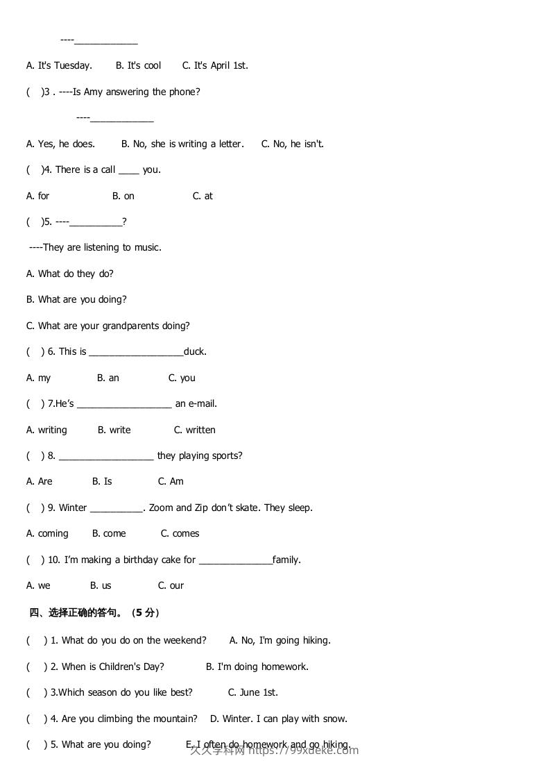 图片[3]-五年级英语下册期末测试卷1（人教PEP版）-久久学科网