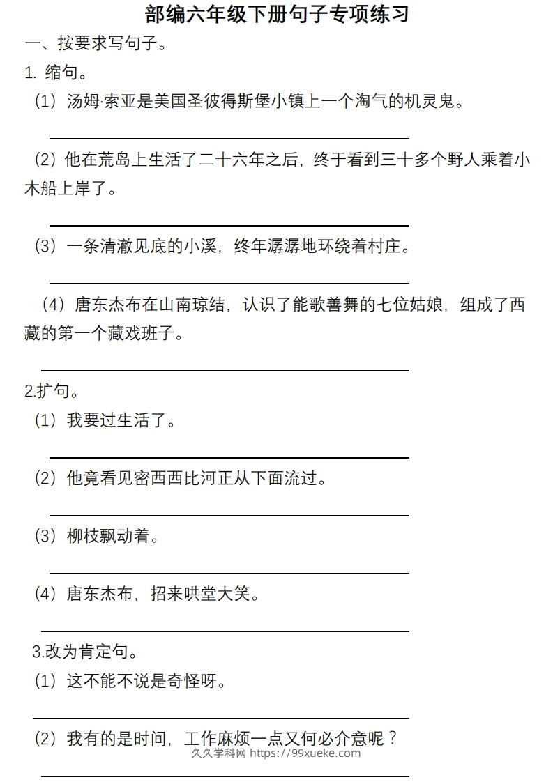 6年级句子专项练习-久久学科网