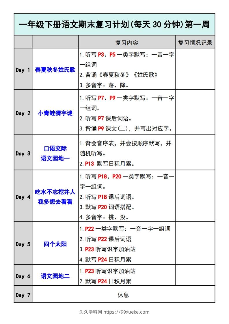 —年级下册语文期末复习计划-久久学科网
