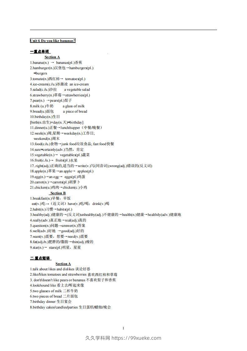 6.人教版七年级上英语Unit6复习提纲-久久学科网