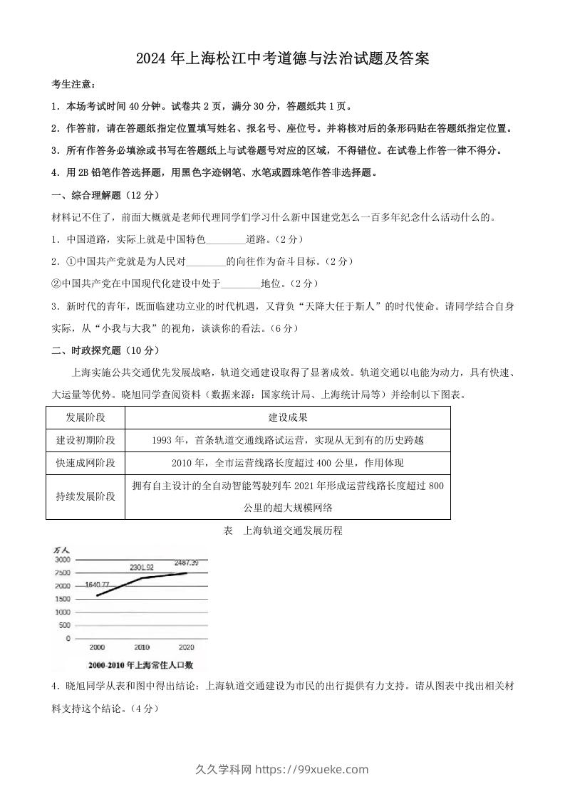 图片[1]-2024年上海松江中考道德与法治试题及答案(Word版)-久久学科网