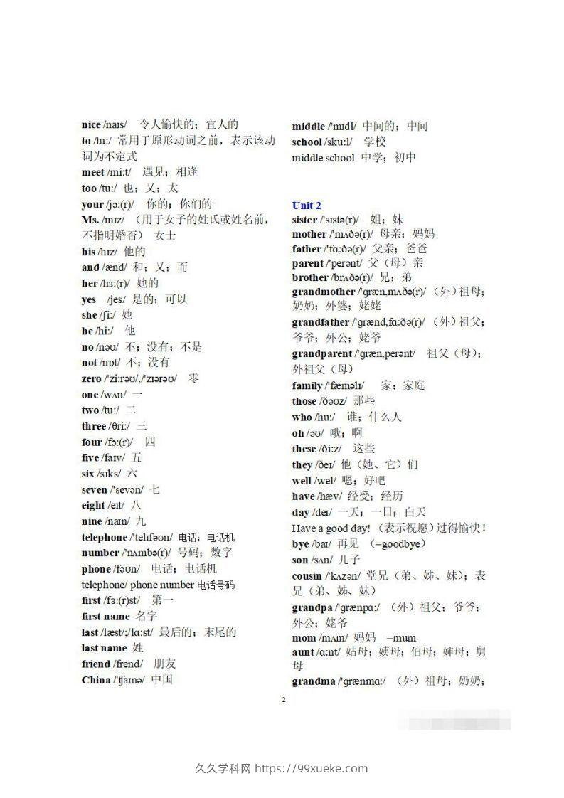 图片[2]-初一英语上册：全册《单词表》（分单元、带音标、词意）-久久学科网