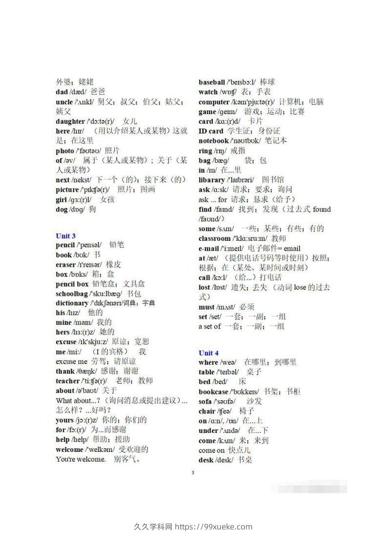 图片[3]-初一英语上册：全册《单词表》（分单元、带音标、词意）-久久学科网