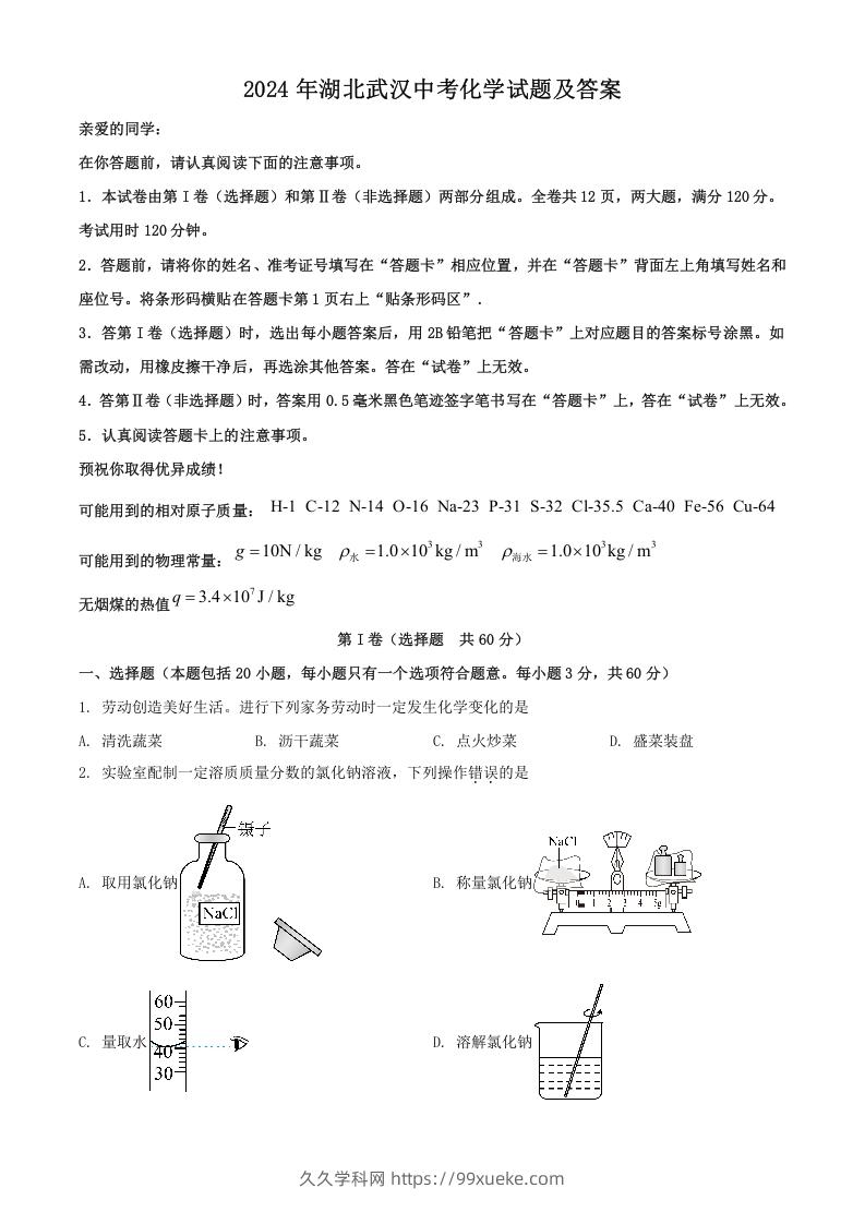 2024年湖北武汉中考化学试题及答案(Word版)-久久学科网