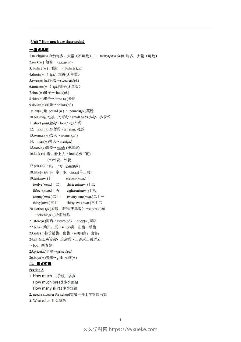 7.人教版七年级上英语Unit7复习提纲-久久学科网