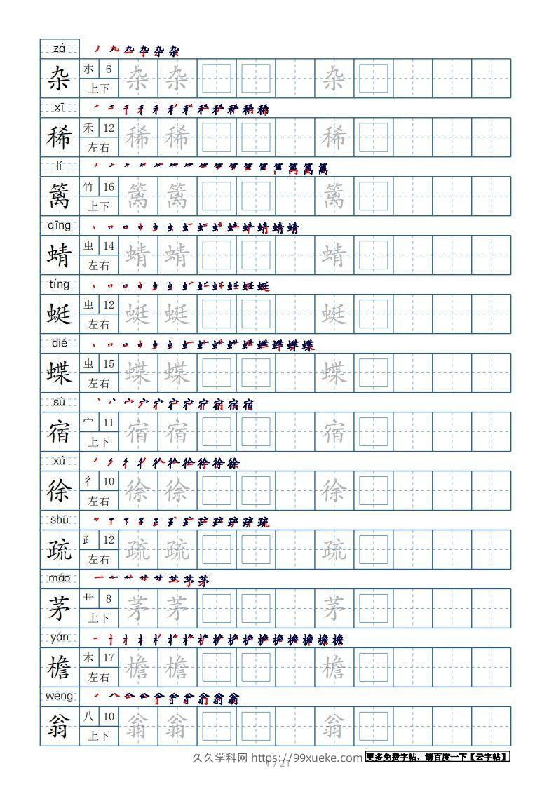 四年级语文下册生字表250个，字帖21页（带偏旁部首、笔顺，拼音）（部编版）-久久学科网