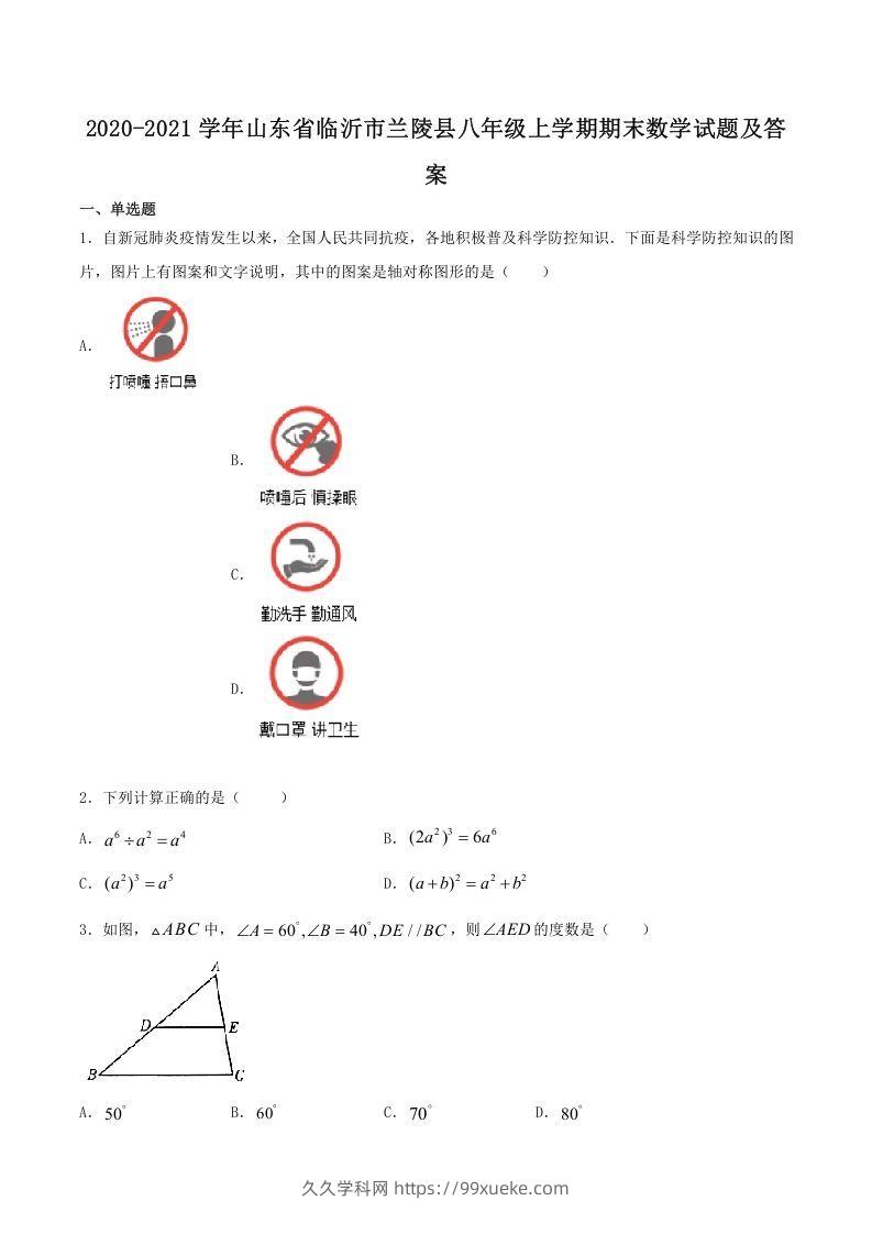 2020-2021学年山东省临沂市兰陵县八年级上学期期末数学试题及答案(Word版)-久久学科网