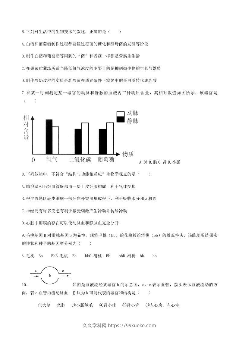 图片[2]-2020-2021学年湖南省常德市澧县八年级下学期期末生物试题及答案(Word版)-久久学科网