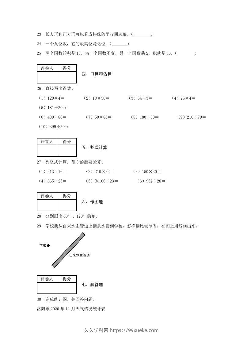 图片[3]-2020-2021学年河南省洛阳市涧西区四年级上学期期末数学真题及答案(Word版)-久久学科网