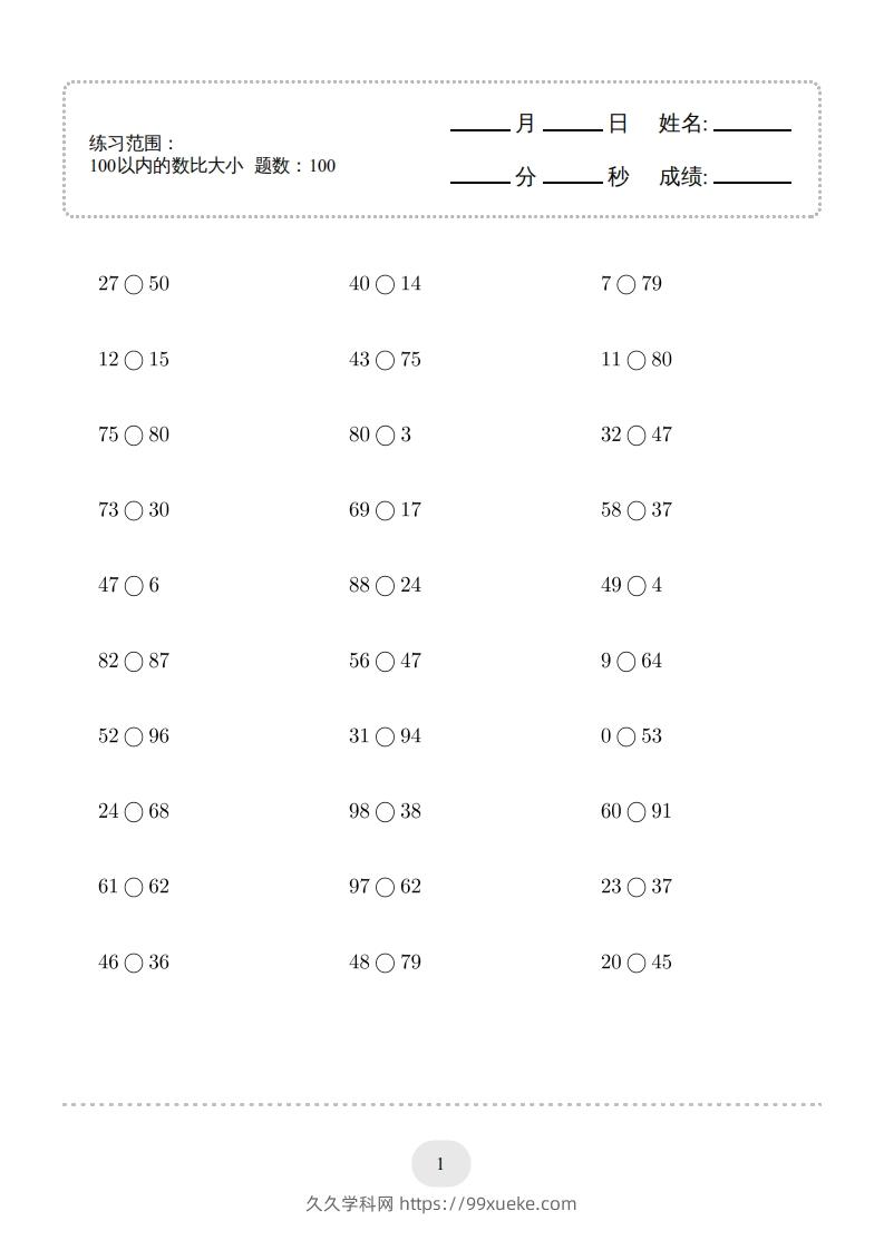 一年级数学下册(100以内的数比大小)1000题（人教版）-久久学科网