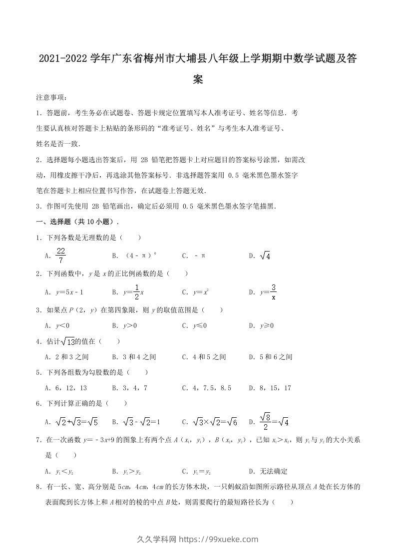 2021-2022学年广东省梅州市大埔县八年级上学期期中数学试题及答案(Word版)-久久学科网