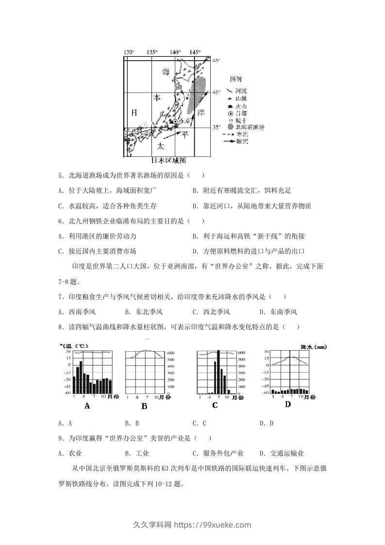 图片[3]-2020-2021学年七年级下册地理期末试卷及答案人教版(Word版)-久久学科网