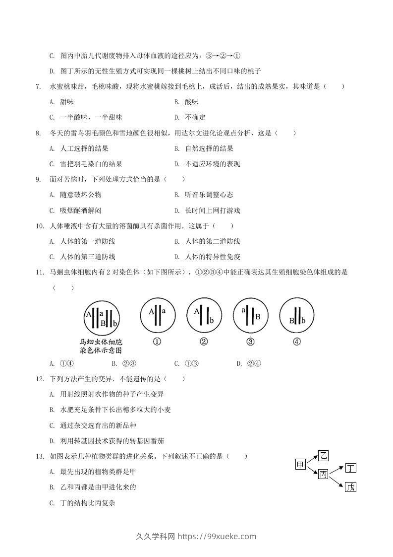 图片[2]-2020-2021学年山西省临汾市襄汾县八年级下学期期末生物试题及答案(Word版)-久久学科网