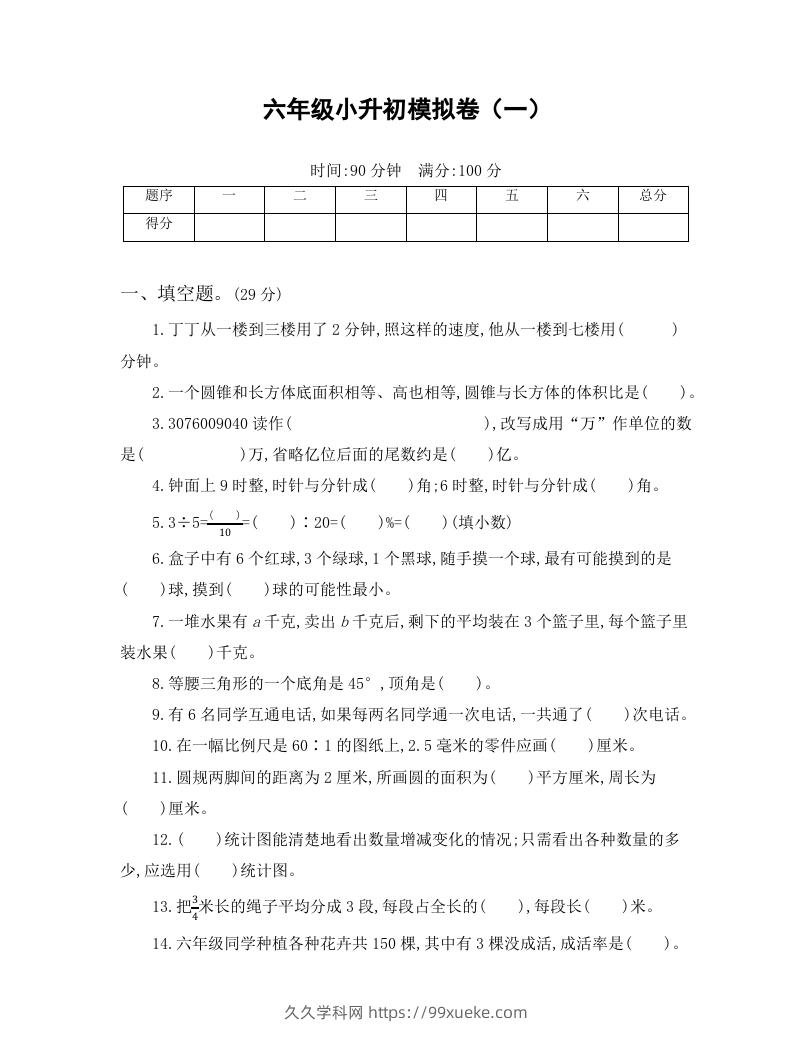 六年级小升初模拟卷（一）-久久学科网