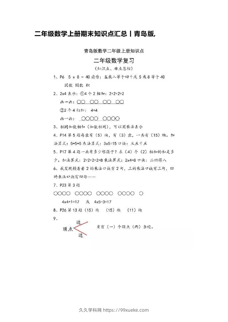 二上青岛版数学重点知识点预习-久久学科网