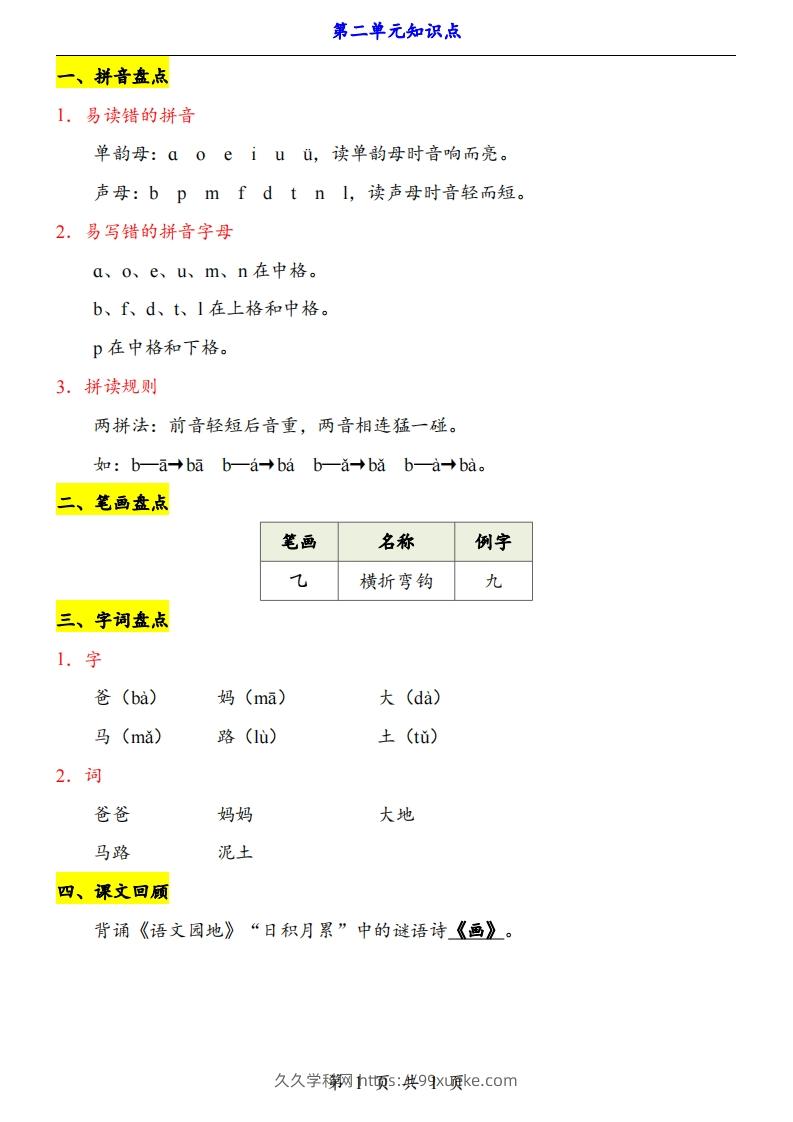 【24新教材】一上语文第2单元知识点梳理-久久学科网