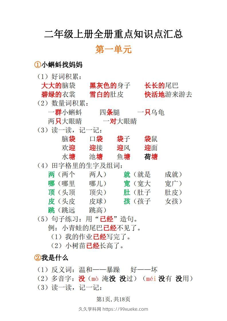 二年级上册语文全册每课重点知识点-久久学科网