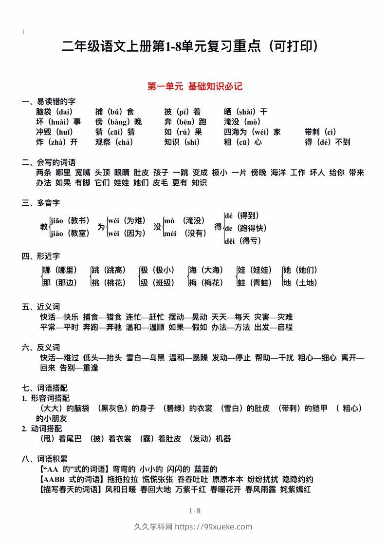 二上语文单元期末复习重点-久久学科网