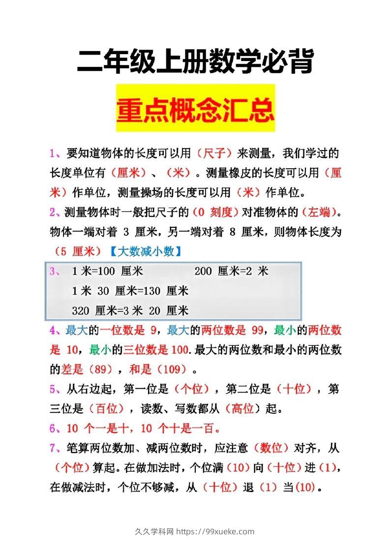 二年级数学上册重点概念汇总-久久学科网