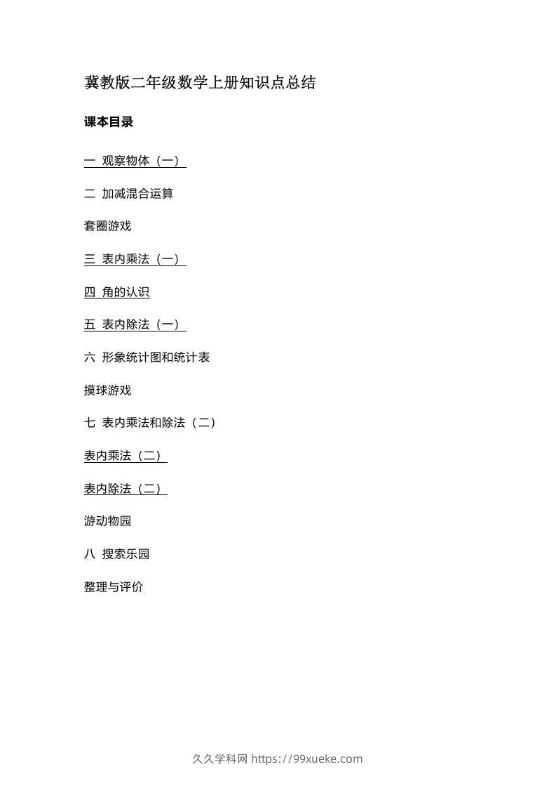 二上冀教版数学知识点汇总预习-久久学科网