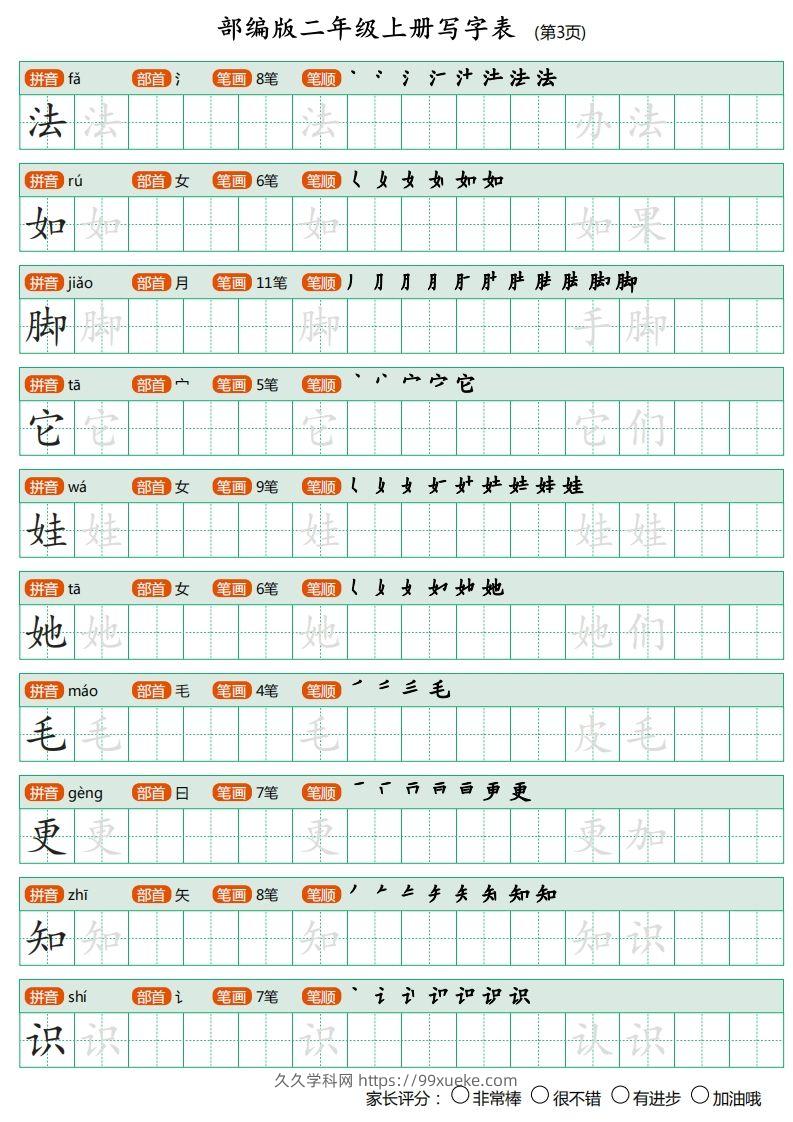 图片[3]-部编版二年级上册语文写字表《田字格字帖》-久久学科网