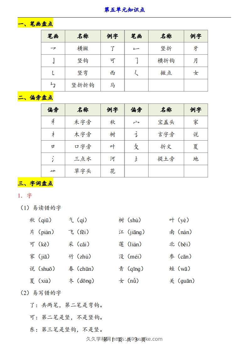 【24新教材】一上语文第5单元知识点梳理-久久学科网