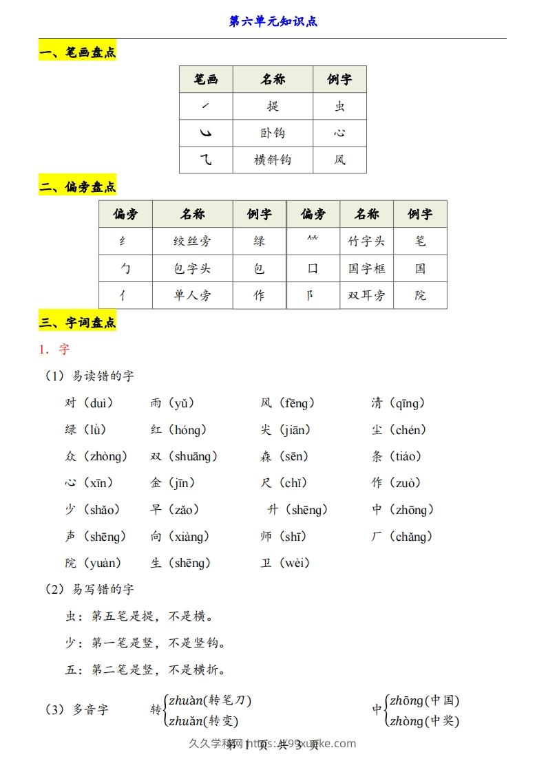 【24新教材】一上语文第6单元知识点梳理-久久学科网