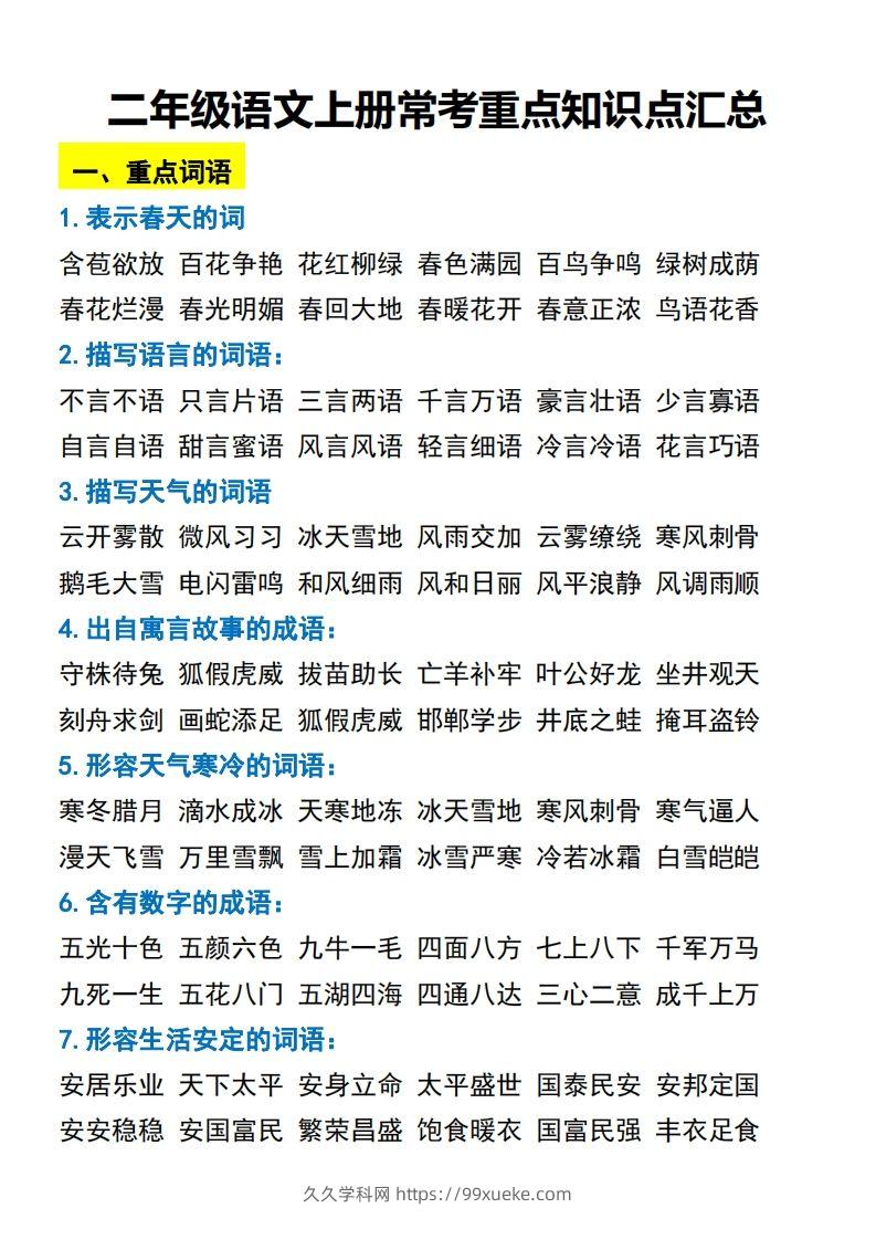 二年级语文上册常考重点知识点汇总必背-久久学科网