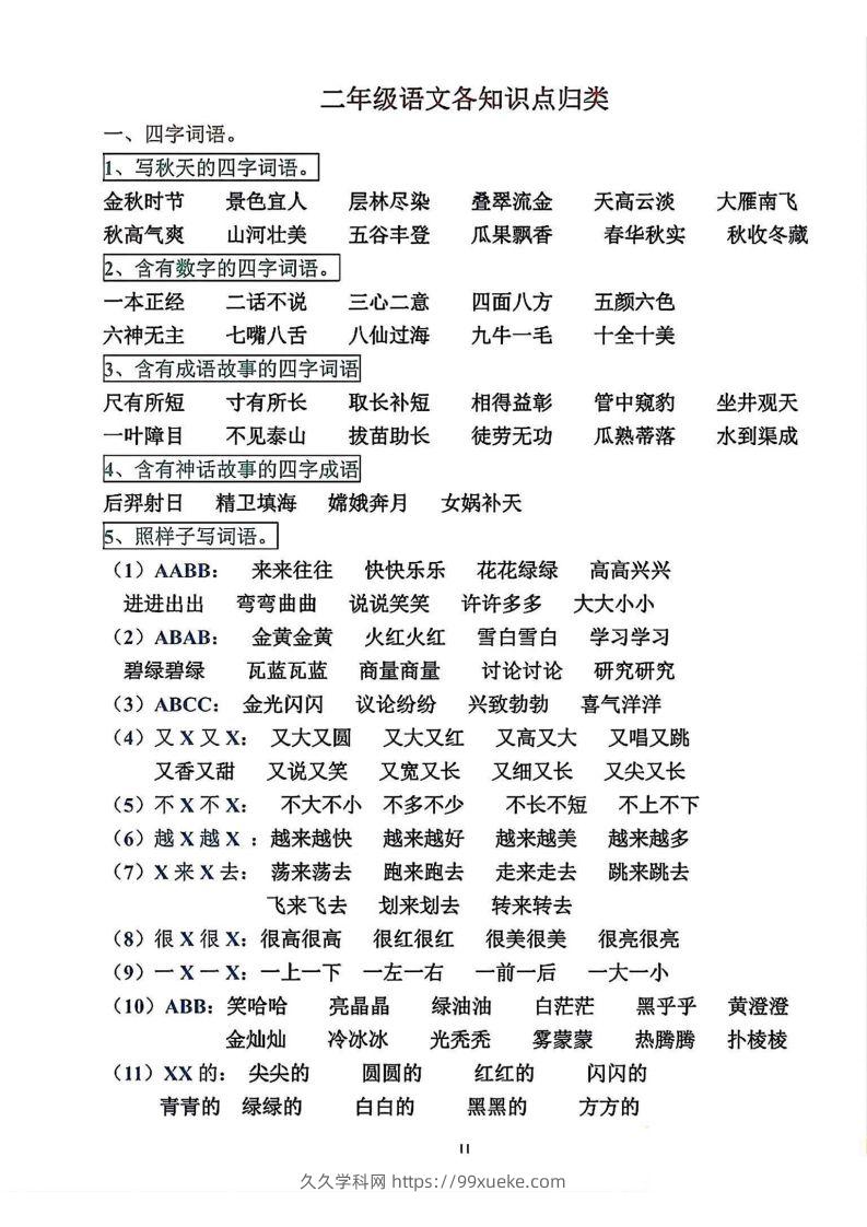 二年级语文上册各知识点归类-久久学科网