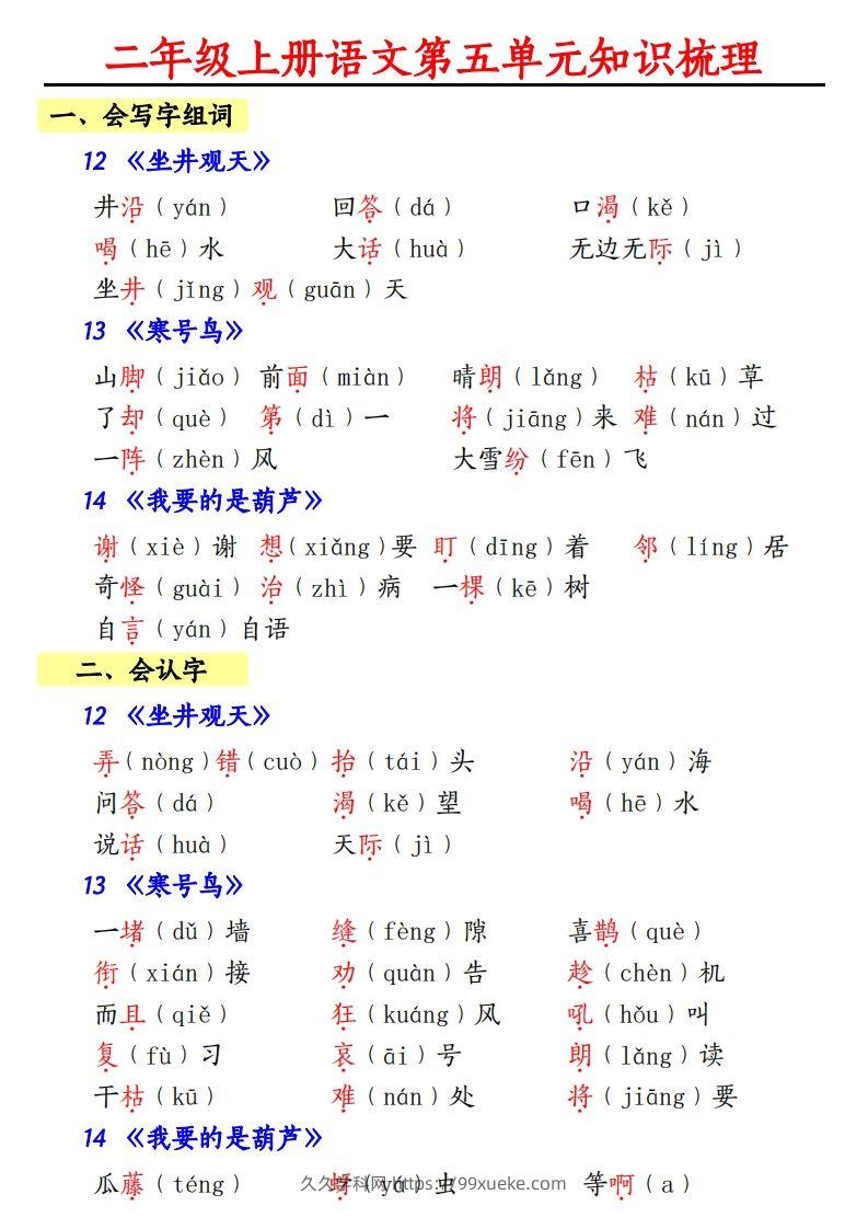 【第五单元知识梳理】二上语文-久久学科网