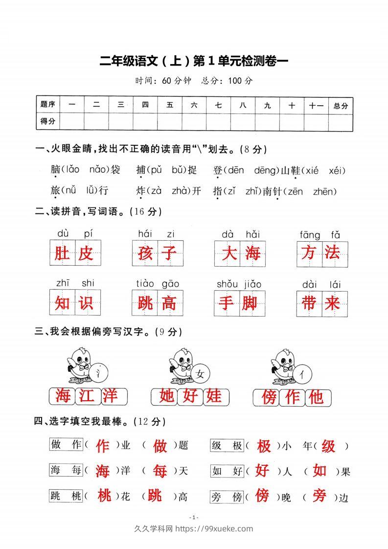 二上语文第一单元检测卷（一）-久久学科网