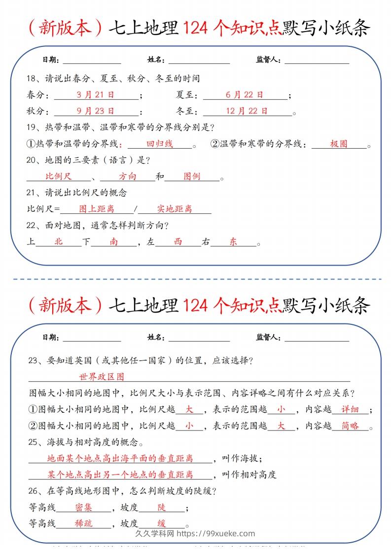 图片[3]-（新版本）七上地理124个知识点默写小纸条9.10答案-久久学科网