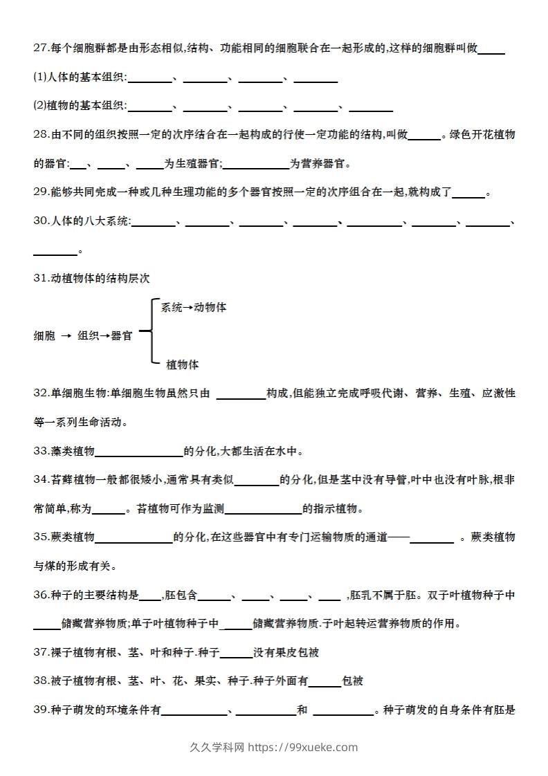 图片[3]-七上生物全册知识点填空72题（空白）-久久学科网