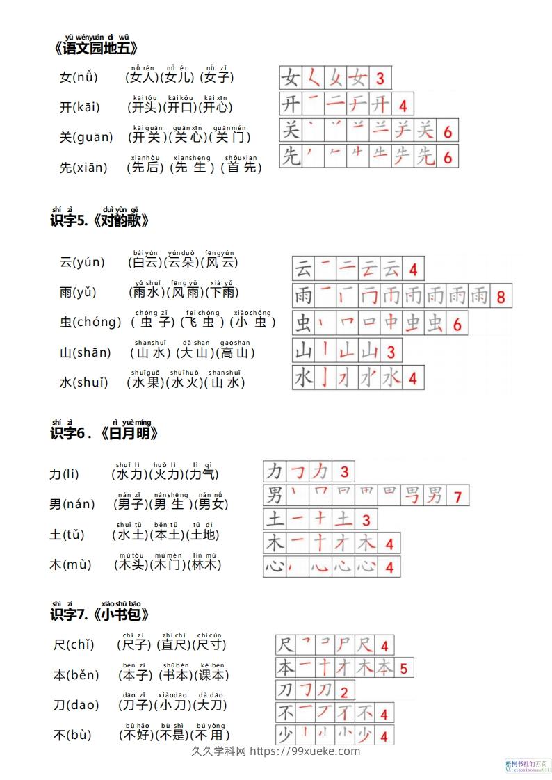 图片[3]-【24新版】一上语文课课贴（生字笔顺、拼音、组词）-久久学科网