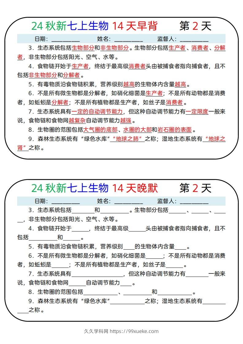 图片[2]-24秋新七上生物14天早背晚默-久久学科网