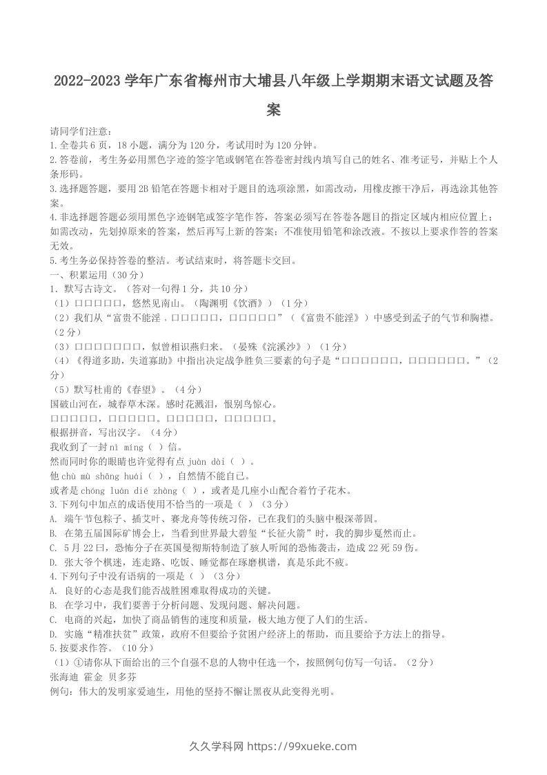 2022-2023学年广东省梅州市大埔县八年级上学期期末语文试题及答案(Word版)-久久学科网