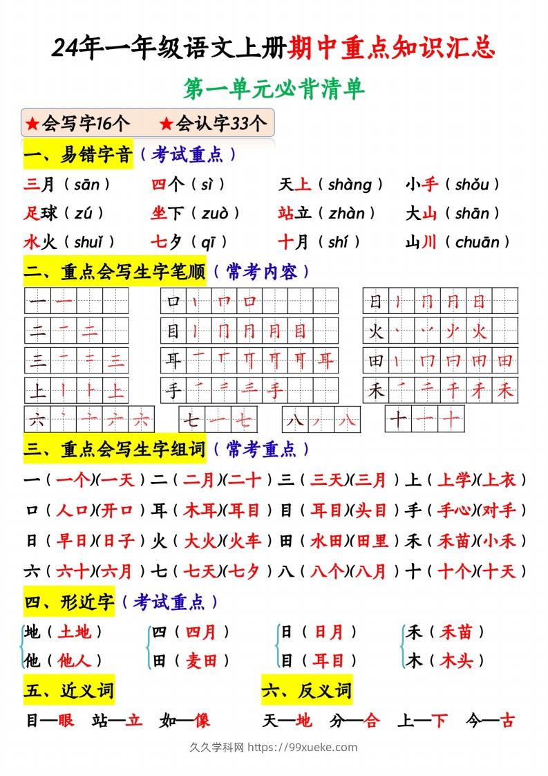 24年一年级语文上册期中重点知识汇总1_纯图版-久久学科网