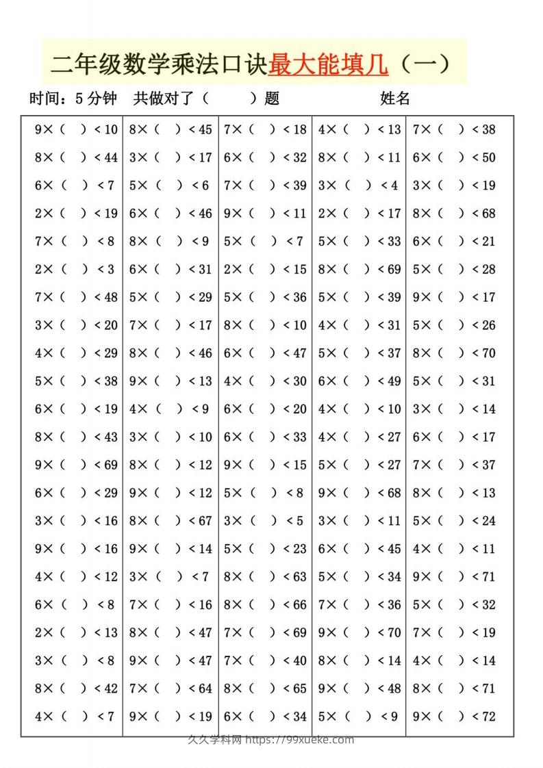 二上数学乘法口诀最大和最小能填几-久久学科网