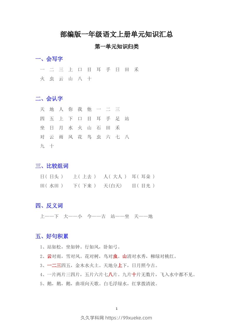 部编版版一年级上册语文日积月累-久久学科网