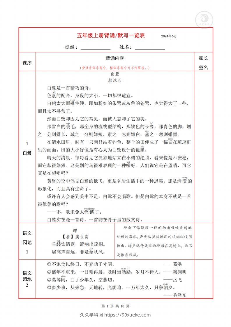 五上语文必背内容默写表-久久学科网