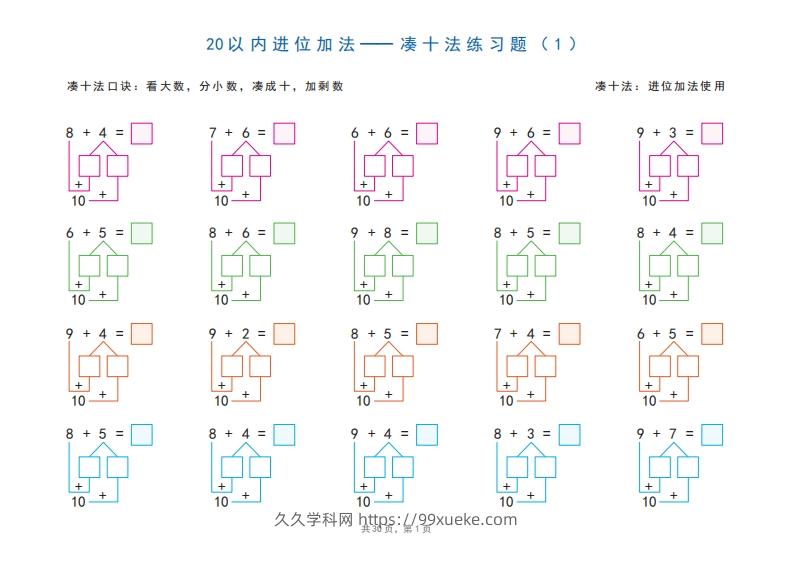 一年级上册数学20以内加减法之凑十法、破十法、平十法图解练习题-久久学科网